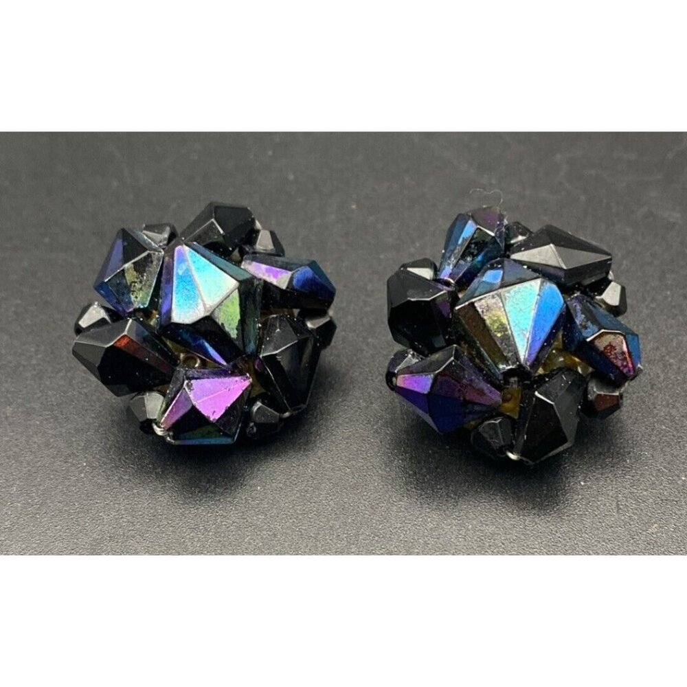 Vintage Clip on Earrings Black Glass Oil Slick West German Beads Peacock Retro - Picture 2 of 10